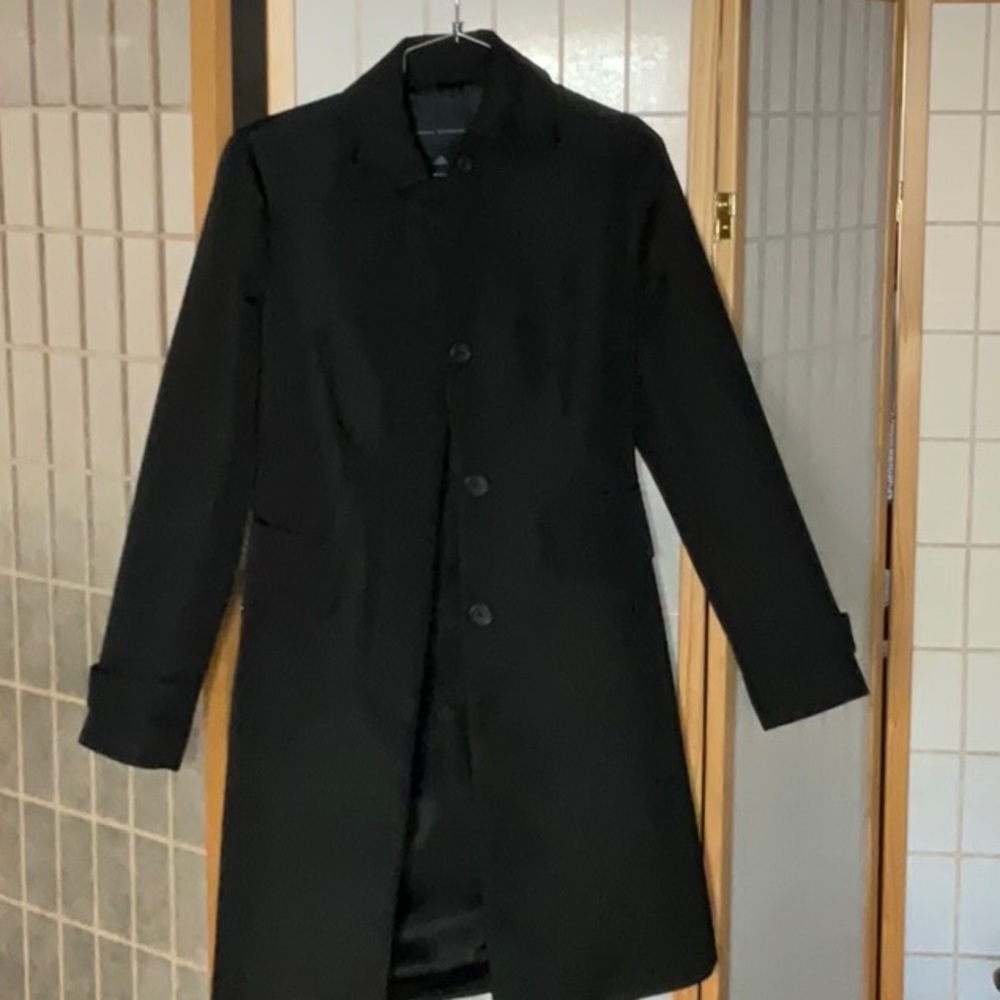 Black trench coat, single breasted, 3/4 length, quilted, fabric, subtle sheen